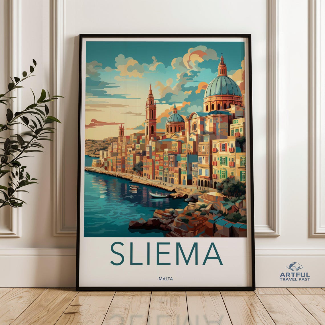 Sliema Malta Waterfront Domed Churches Blue Sea Travel Poster