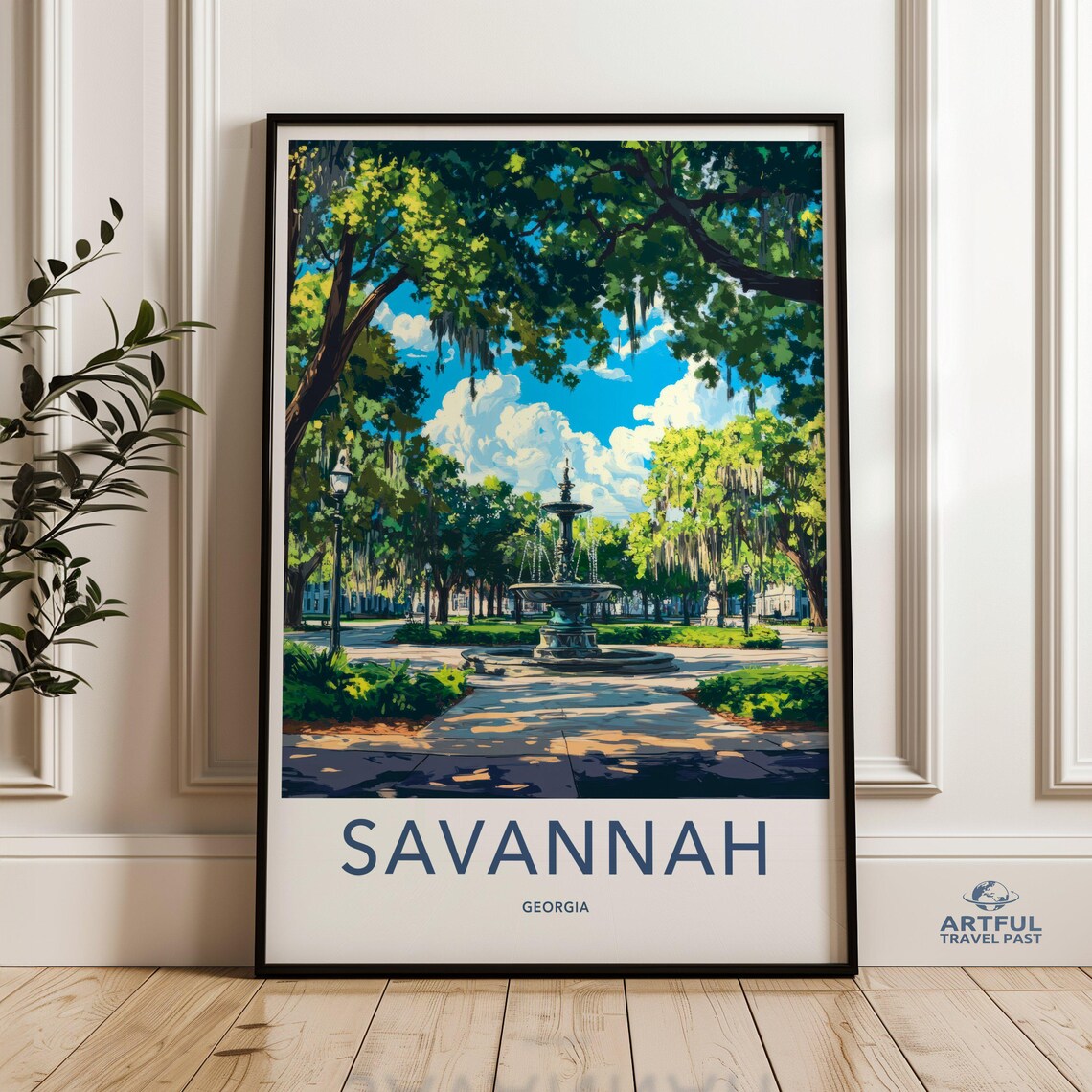 Savannah Georgia Fountain Park Live Oaks Vintage Travel Poster