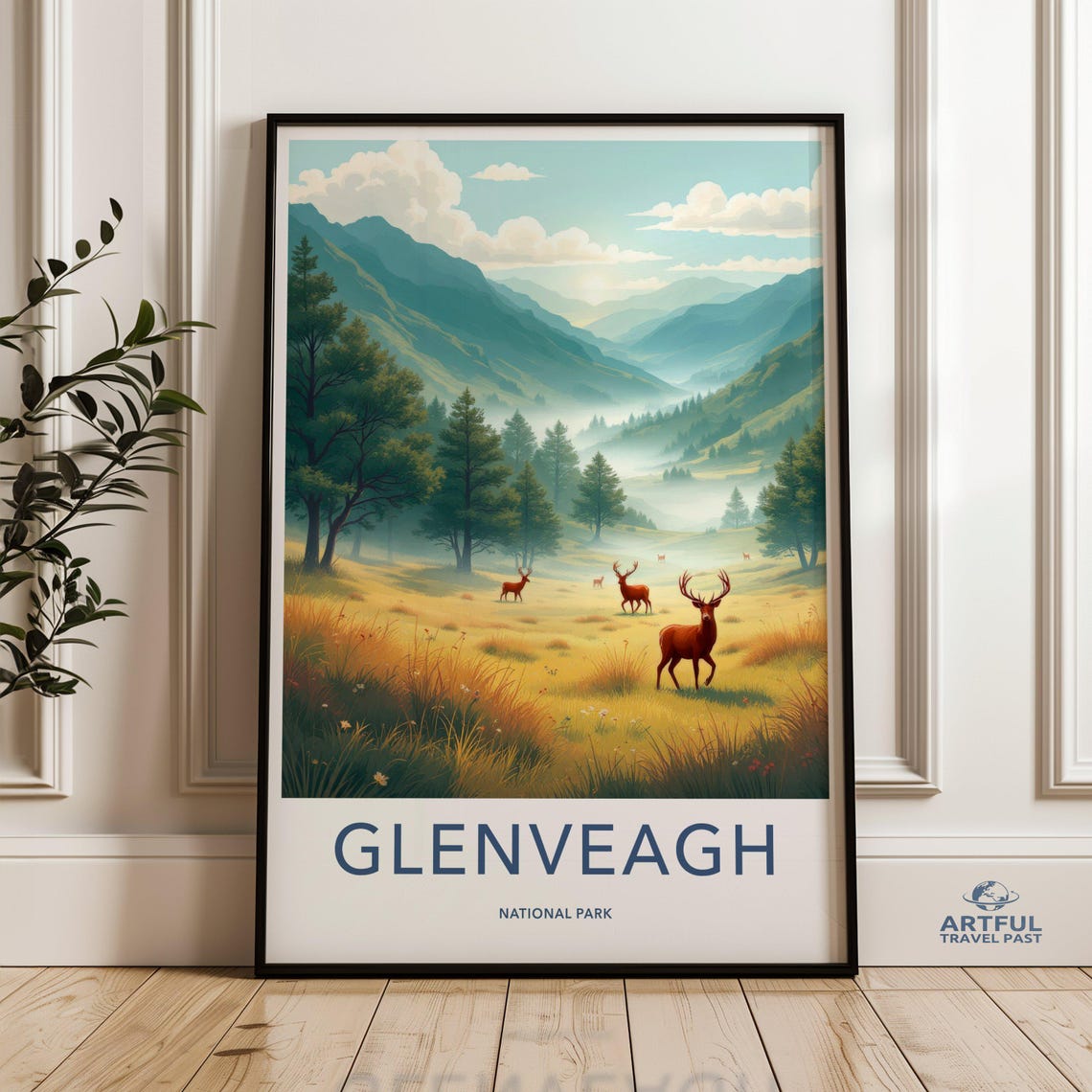 Glenveagh National Park Ireland Red Deer Misty Valley Travel Poster