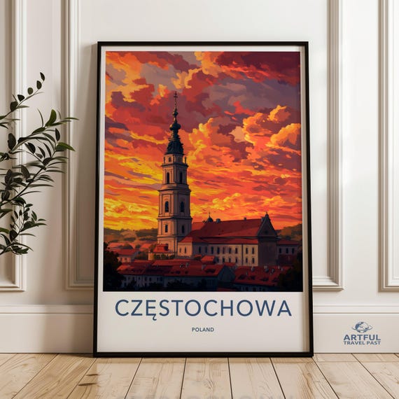 Czstochowa Wall Art Poland Poster Sunset Sky Print Cityscape Artwork European Landmark Painting Colorful Home Decor