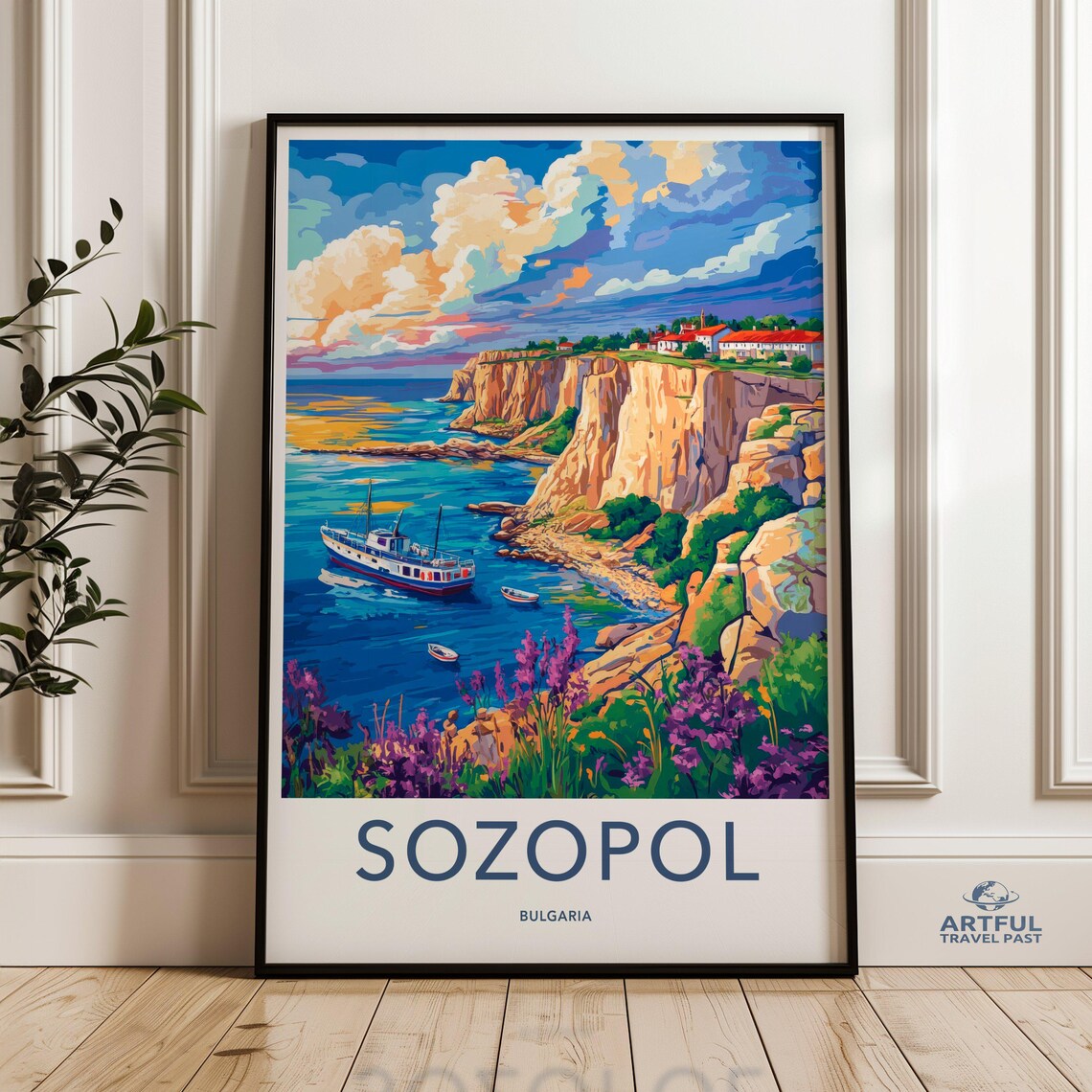 Sozopol Bulgaria Colorful Coastal Cliffs Boats Vibrant Travel Poster