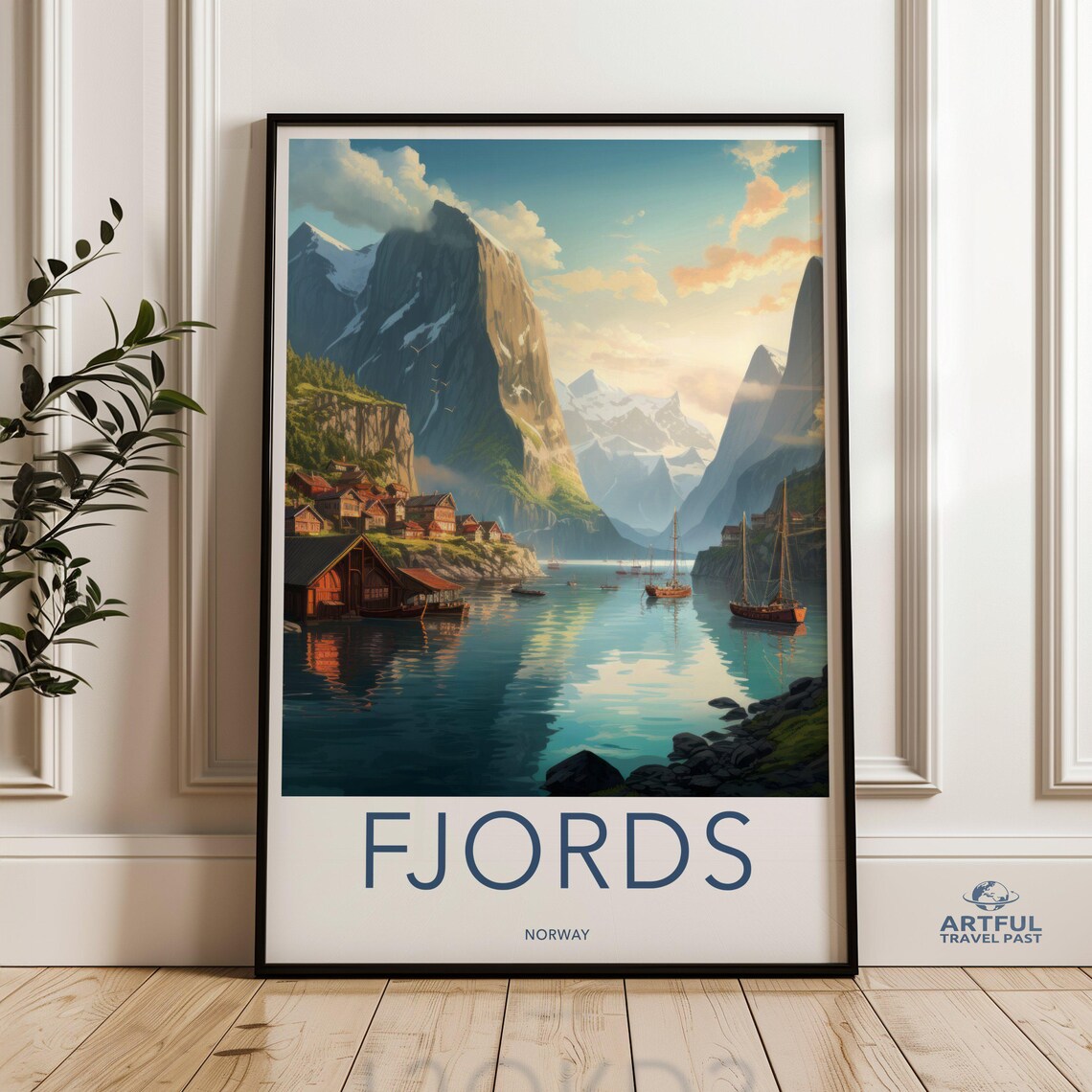 Norway Fjords Fishing Village Sailboats Mountain Travel Poster