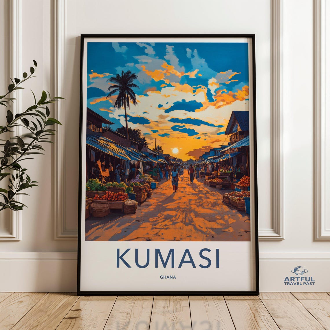 Sunset Market Scene Wall Art Kumasi Street Print African Cityscape Decor Vibrant Artwork Tropical Evening