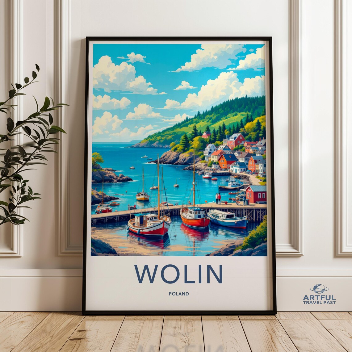 Wolin Poland Sailboats Coastal Village Vintage Travel Style Poster