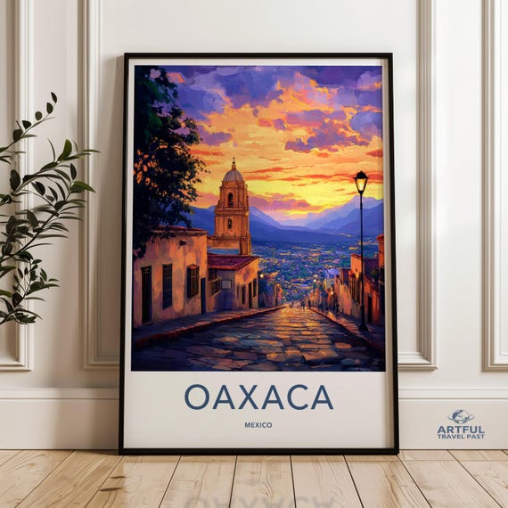 Oaxaca Mexico Wall Art Print Sunset Cityscape Artwork Vibrant Street Scene Colorful Mexican Decor Travel Poster For Home