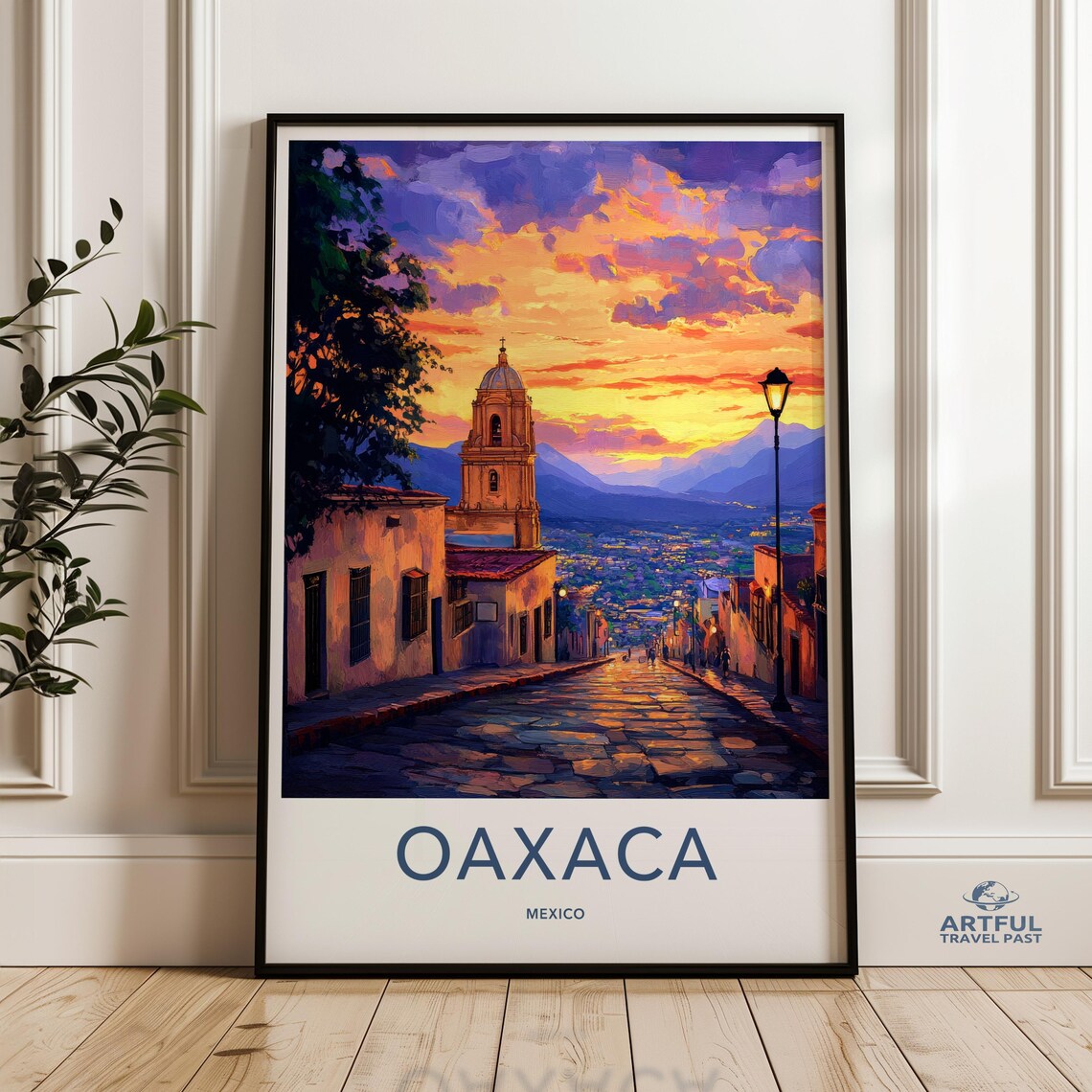 Oaxaca Mexico Sunset Church Tower Cobblestone Street Vintage Poster