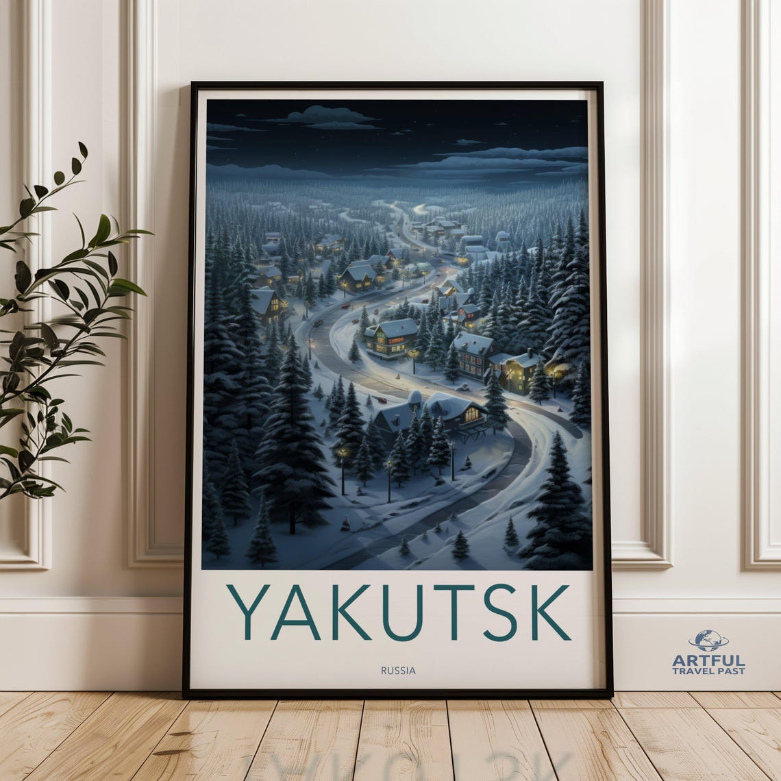 Yakutsk Snowy Village Night Street Lights Winter Travel Poster