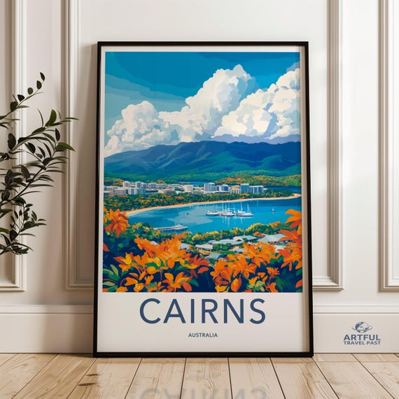 Cairns Australia Wall Art Scenic Coastal Town Print Vibrant Nature Landscape Modern Home Decor Tropical City Illustration