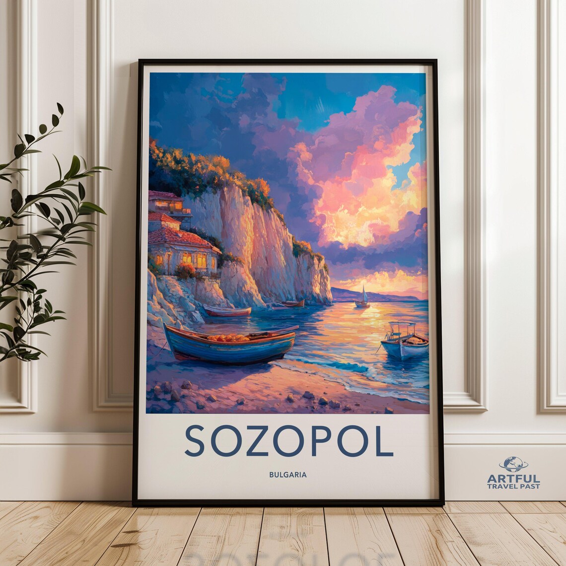 Sozopol Bulgaria Sunset Cliffside Fishing Boats Travel Poster