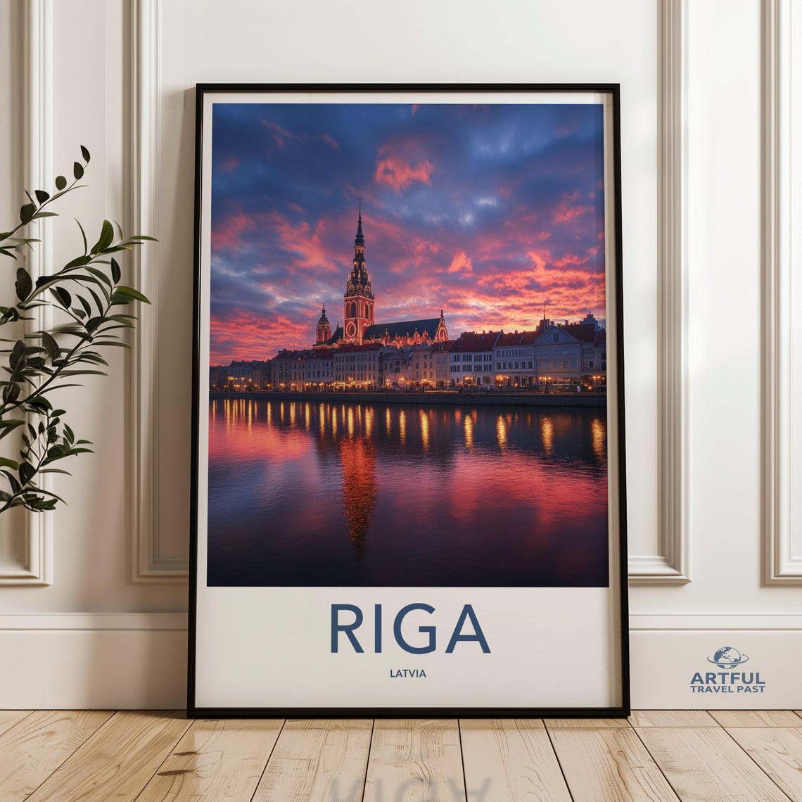 Riga Latvia Sunset Old Town Skyline Colorful Art Travel Poster