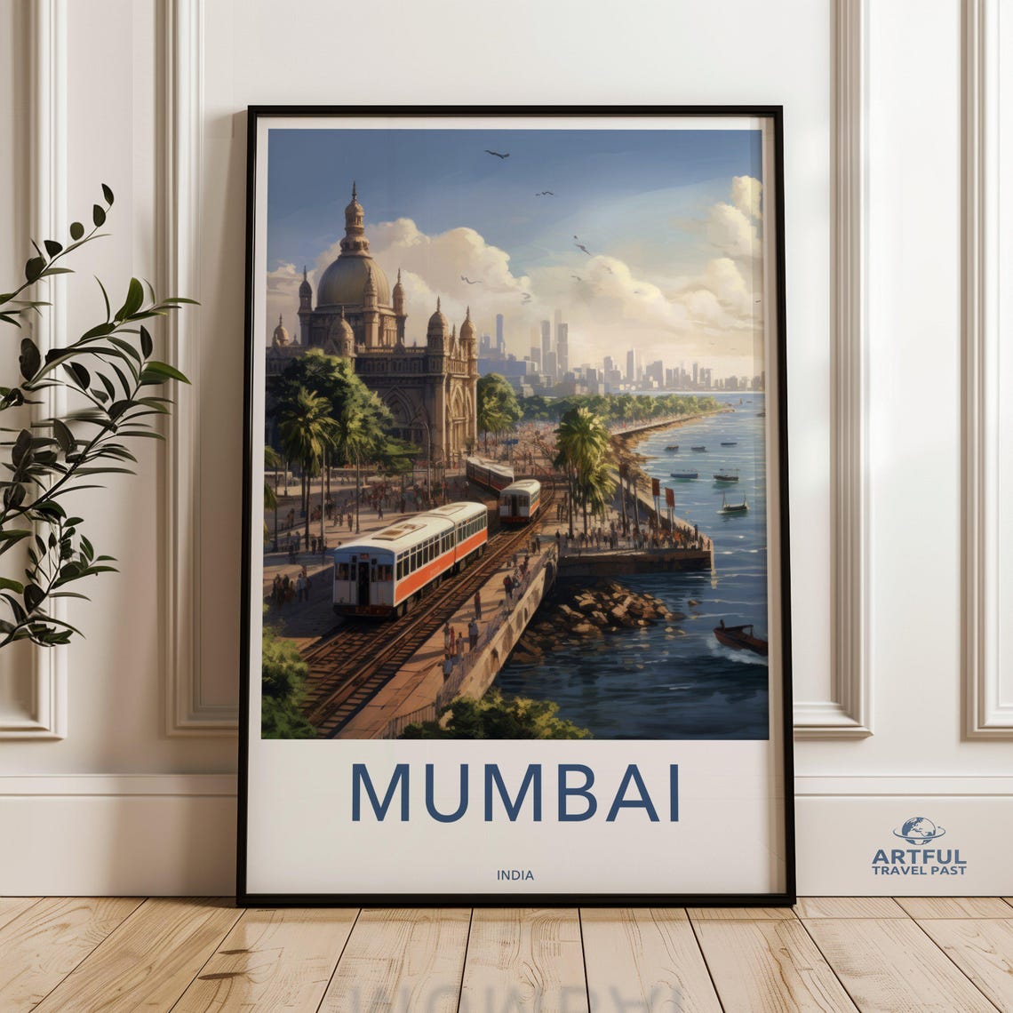 Mumbai India Waterfront Trains Grand Dome Shoreline Travel Poster