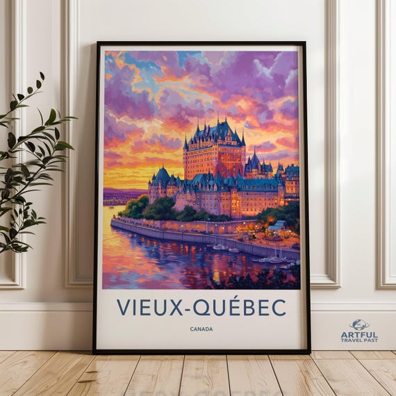 City Wall Art Print Sunset Castle Illustration Old Canada Artwork Colorful Cityscape Poster Travel Decor Gift