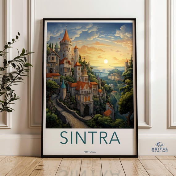 Sintra Portugal Scenic Wall Art Print Sunset Fantasy Castle Landscape Poster Dreamy Fairytale Illustration Decor
