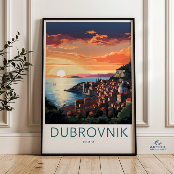 Dubrovnik Croatia Wall Art Sunset Coastal Landscape Print Mediterranean Travel Poster Cityscape Artwork Modern Home Decor