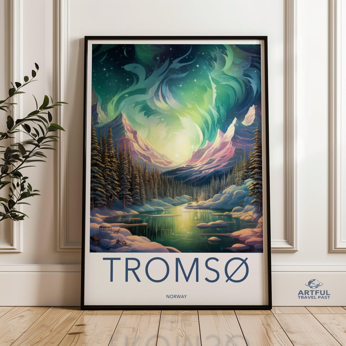Tromso Norway Aurora Borealis Snowy Valley Travel Illustration Poster