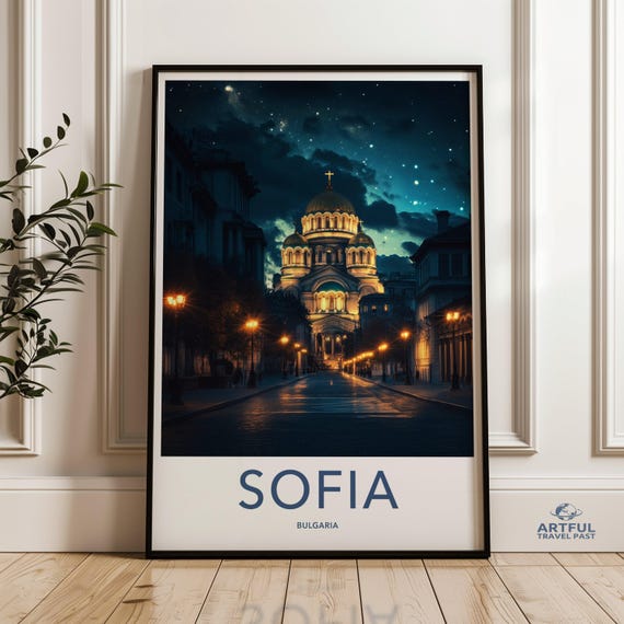 Sofia Bulgaria Wall Art Print Travel Poster Nighttime Cityscape Starry Sky European Architecture Home Decor