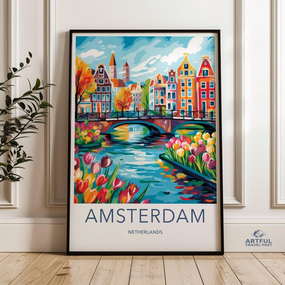 Colorful Amsterdam Wall Art Cityscape Print Netherlands Poster Vibrant Home Decor Tulip Flowers Landscape Artistic
