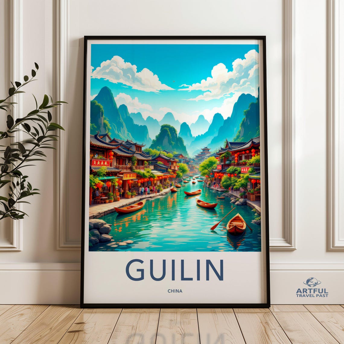 Guilin China River Wooden Boats Karst Mountain Peaks Travel Poster