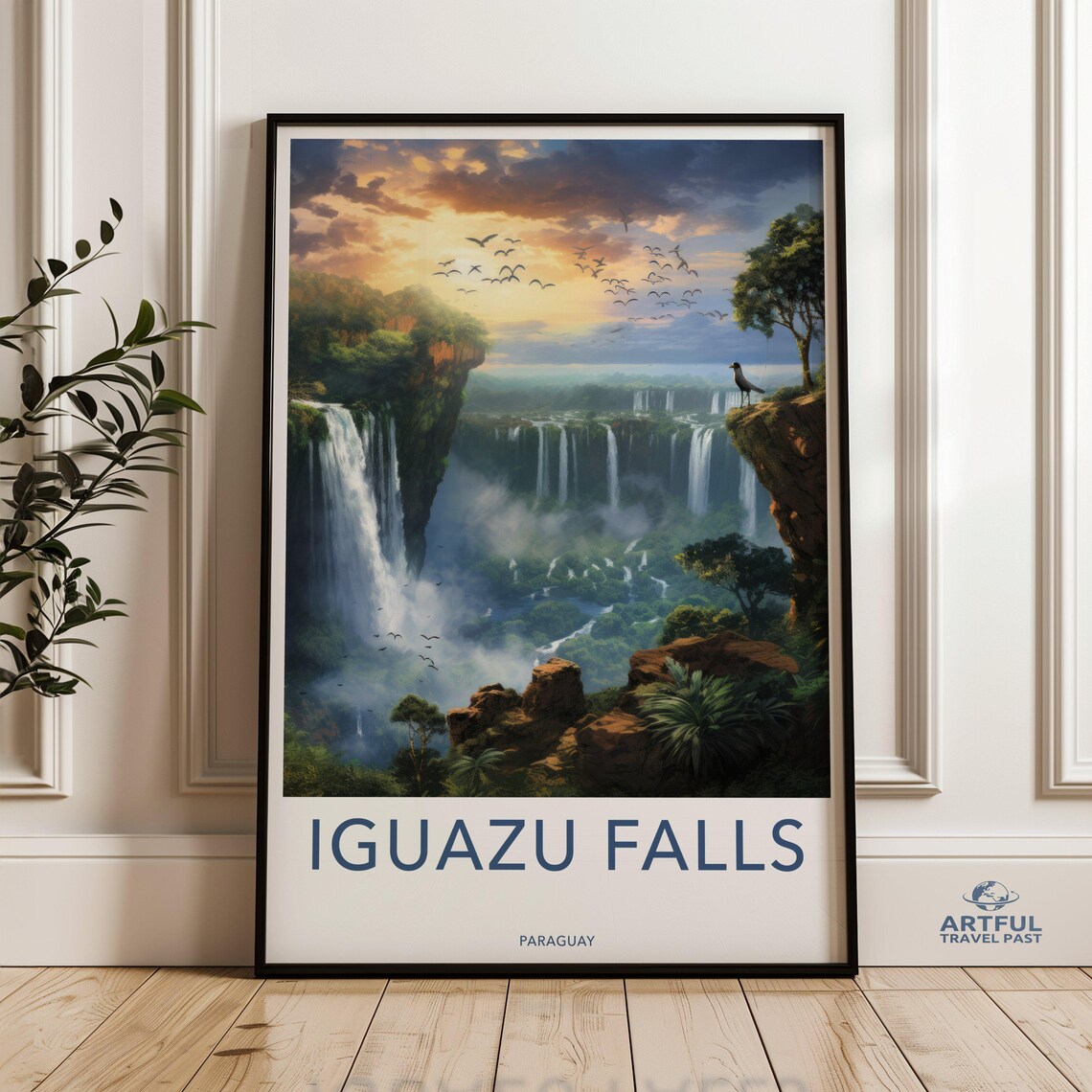 Iguazu Falls Paraguay Travel Poster Waterfall Jungle Sunset Art