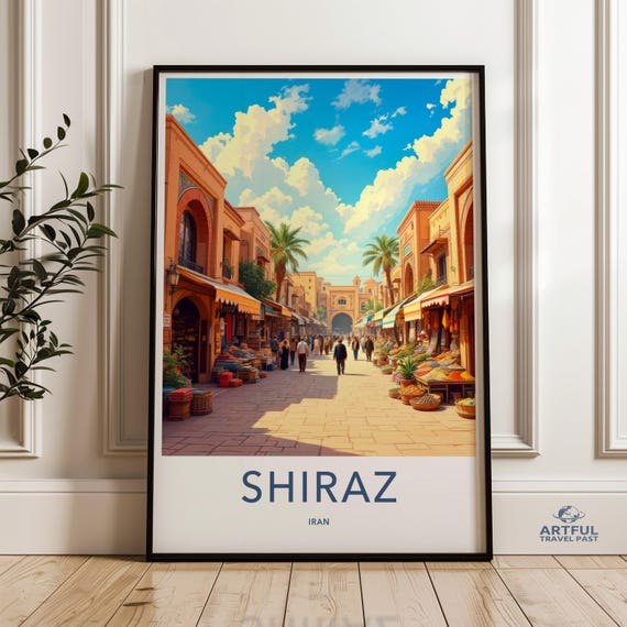 Shiraz Iran Cityscape Illustration Vintage Architecture Art Middle Eastern Urban Scene Print Colorful Travel Decor Poster