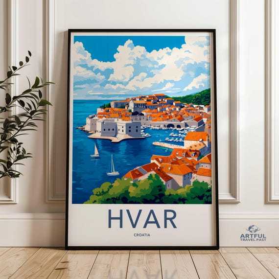 Hvar Croatia Wall Art Coastal Town Print Mediterranean Decor Travel Poster Nautical Artwork Seaside Illustration Ocean View