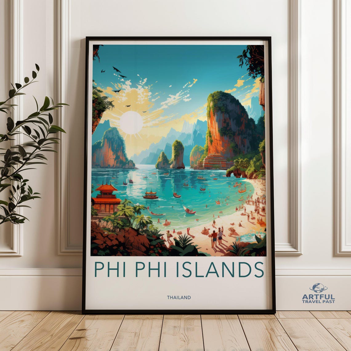 Phi Phi Islands Thailand Retro Beach Travel Poster With Sunset Sea