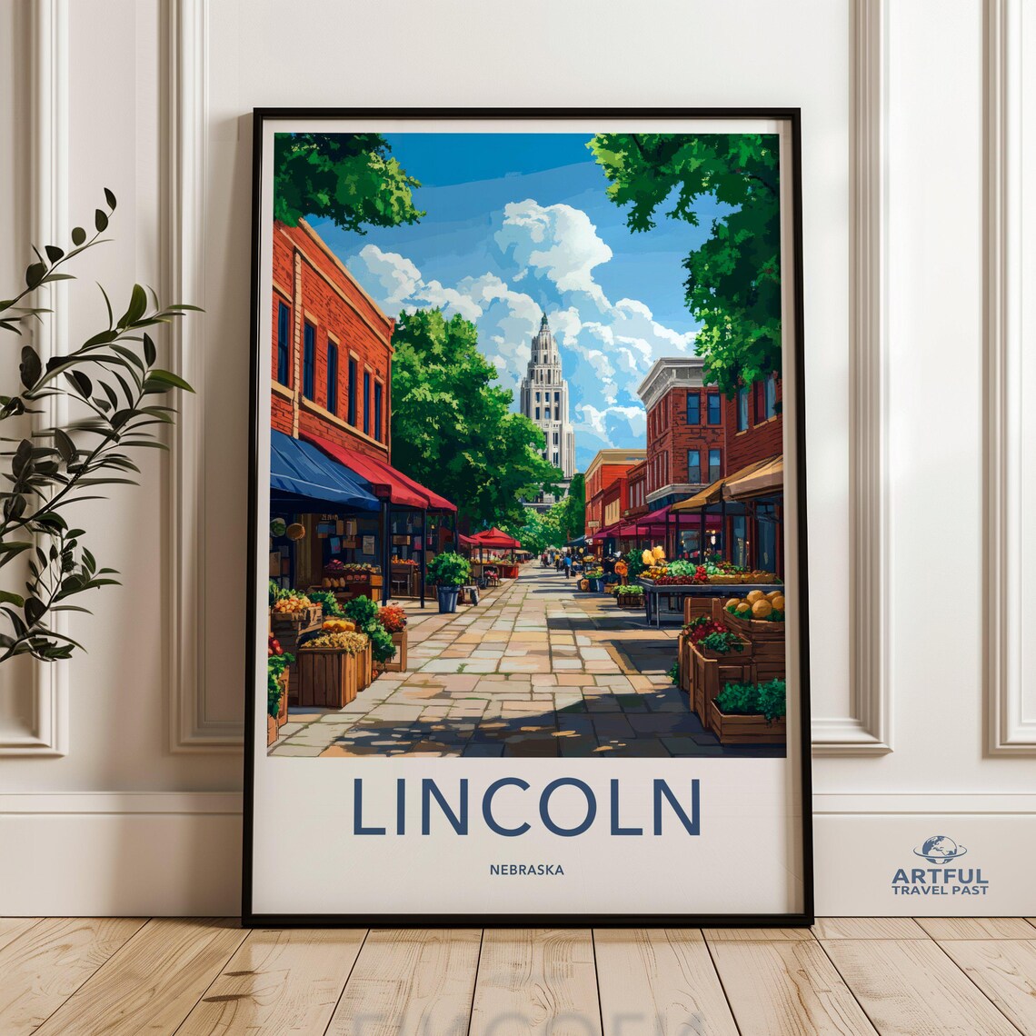 Vintage Lincoln Nebraska Travel Poster, Cityscape Art Print