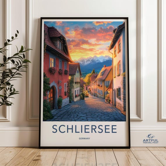 Schliersee Germany Wall Art Colorful Sunset Village Print Mountain Illustration European Landscape Poster Decor
