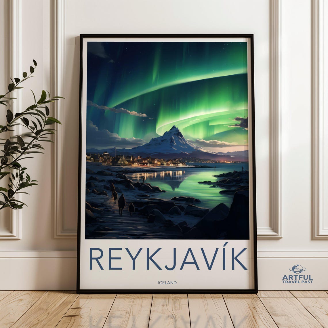 Reykjavik Iceland Northern Lights Harbor Travel Style Night Poster