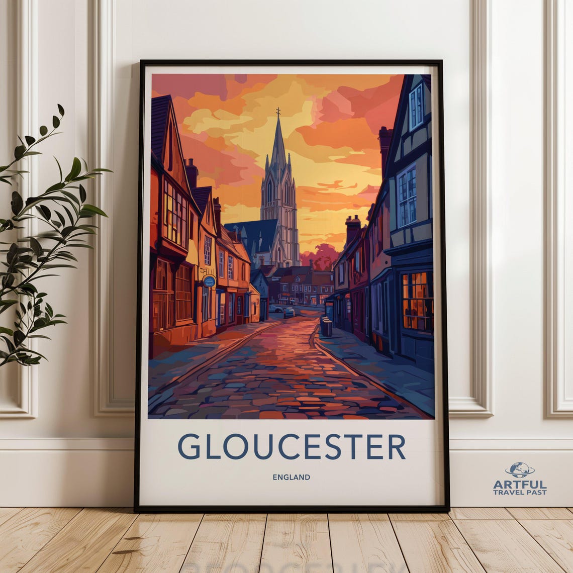 Gloucester England Cathedral Street Sunset Vintage Travel Poster