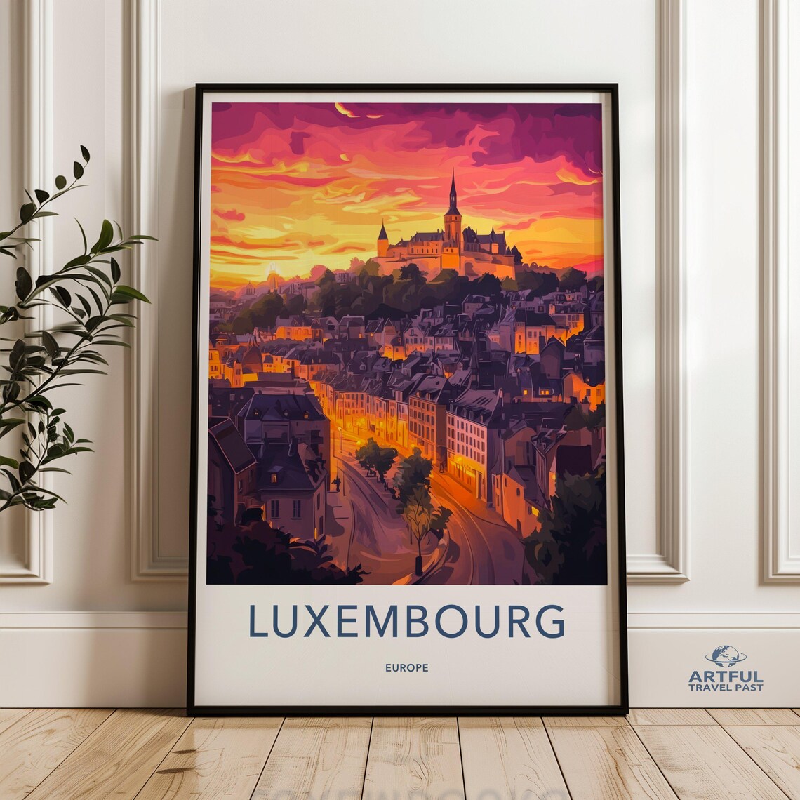 Luxembourg City Sunset Old Town Castle Hill Europe Travel Poster
