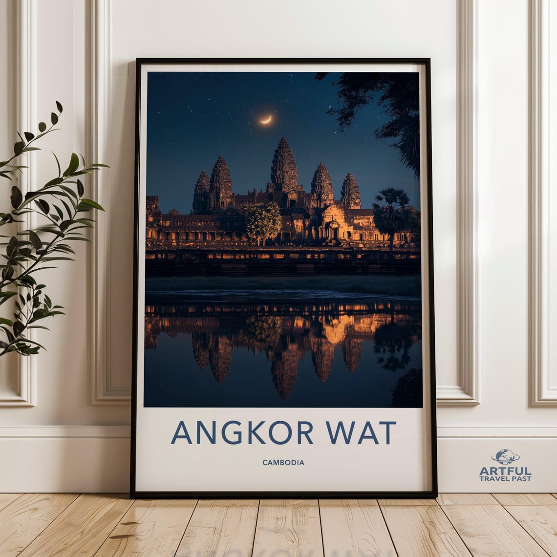 Angkor Wat Cambodia Night Temple Moon Reflection Travel Poster