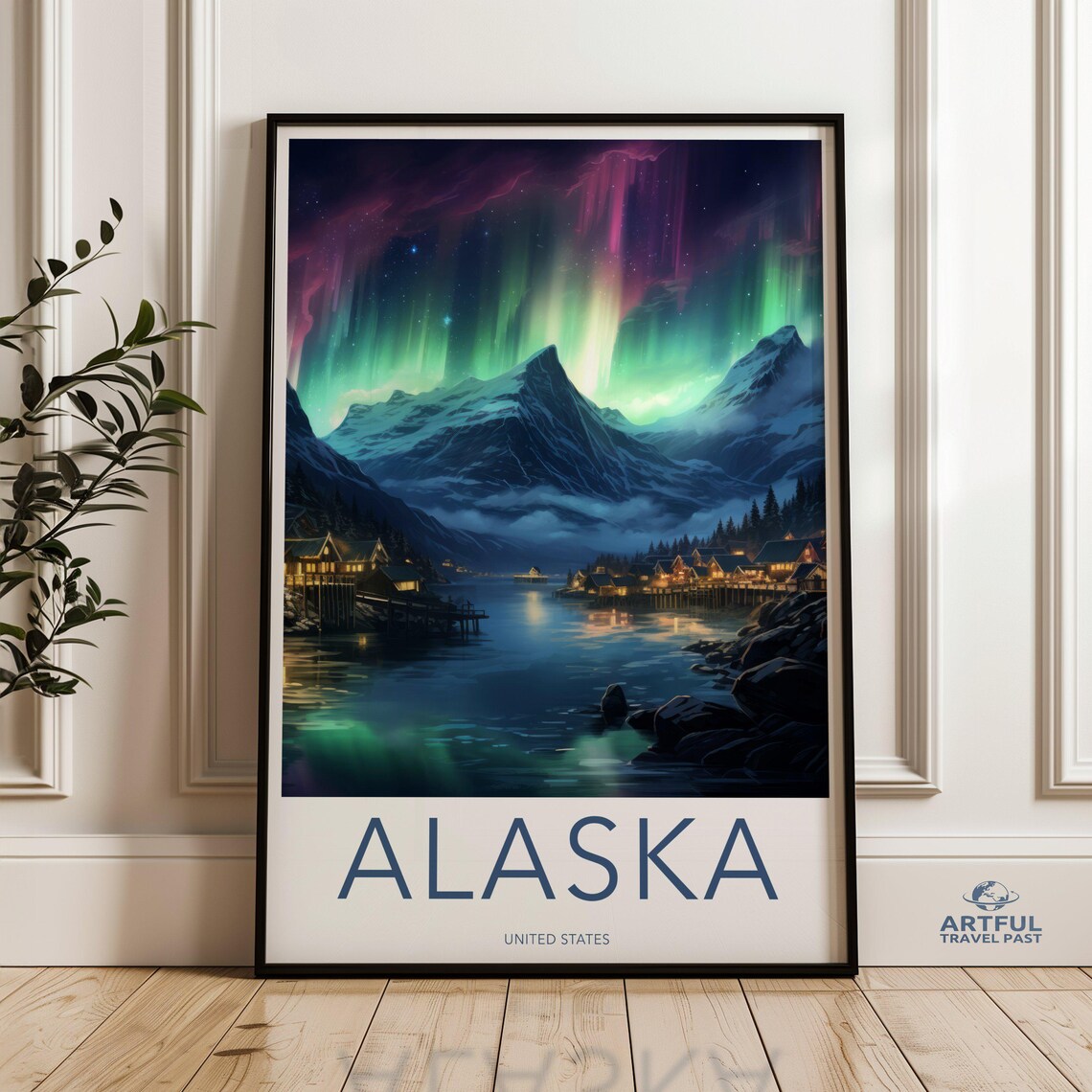 Alaska United States Northern Lights Fjord Village Travel Poster
