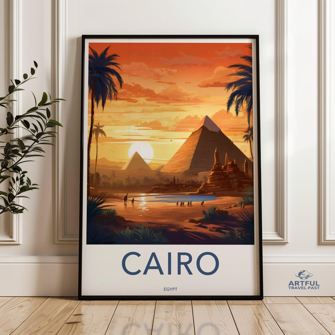 Cairo Egypt Pyramids Sunset Palm Trees Desert Travel Poster Art