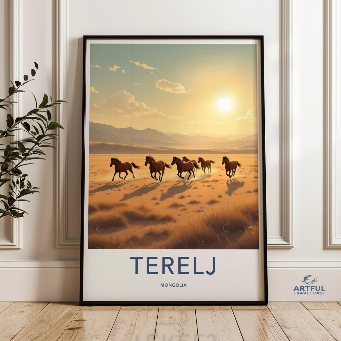 Terelj Mongolia Wild Horses Steppe Sunset Illustrated Art Poster