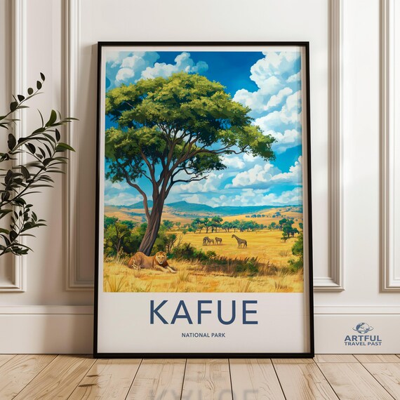 Kafue National Park Safari Poster Lion Giraffe Zebra African Savannah Art
