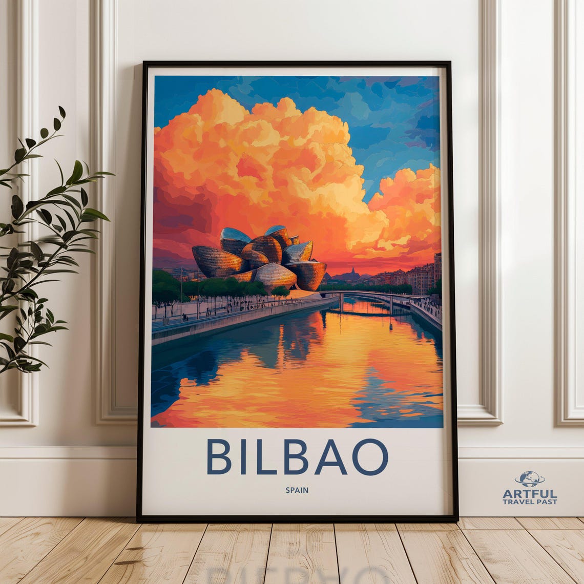Bilbao Spain Guggenheim Museum Sunset River Cityscape Travel Poster
