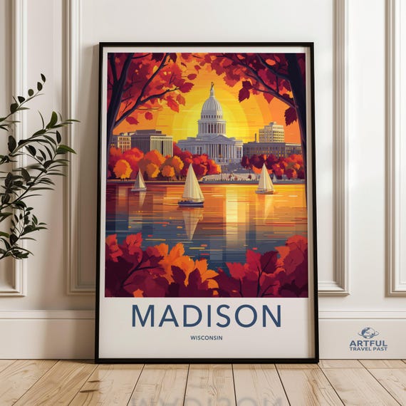 Madison Wisconsin Sunset Wall Art Capitol Building Lake View Print Autumn Sailboats Illustration Modern Home Decor