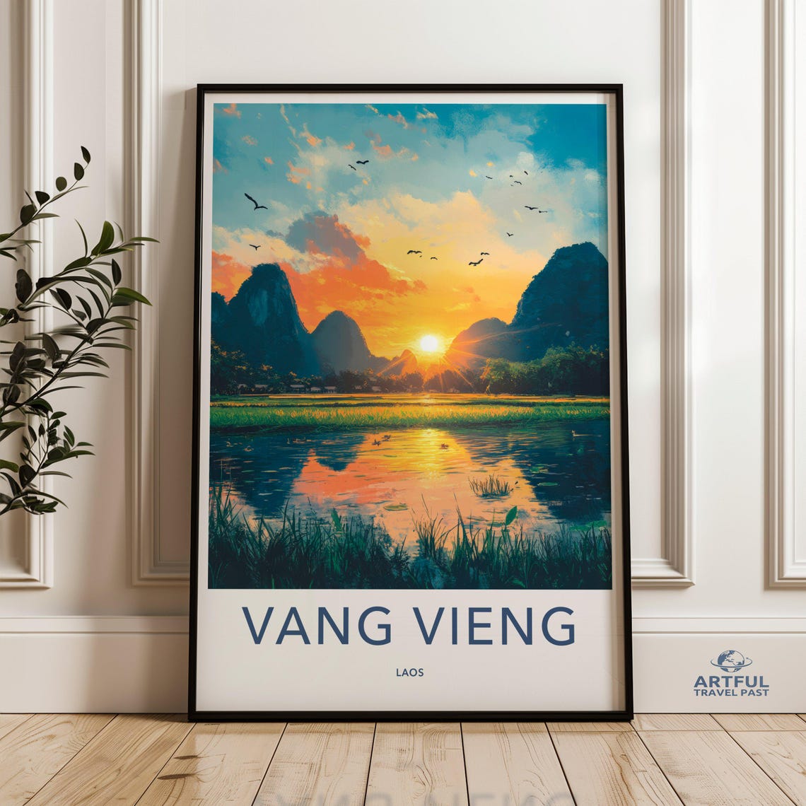 Vang Vieng Laos Karst Sunset River Vintage Travel Art Poster
