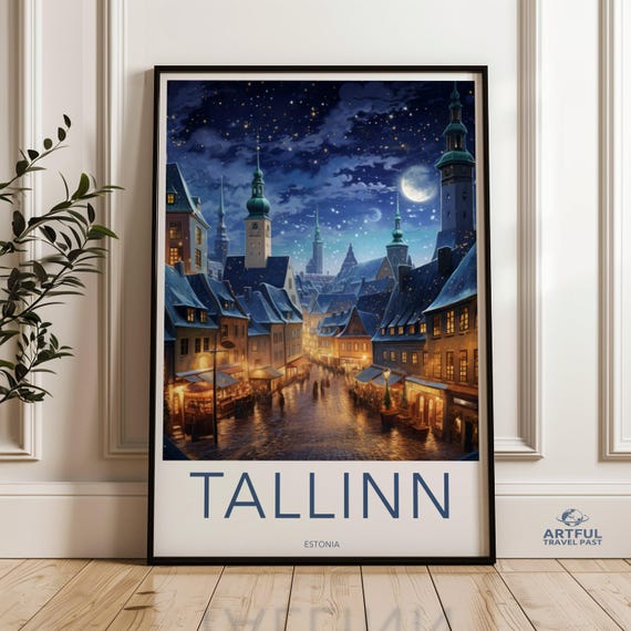 Tallinn Wall Art Night Cityscape Poster Estonia Travel Print Historic European Architecture Scenic Winter Artwork City Lights Decor
