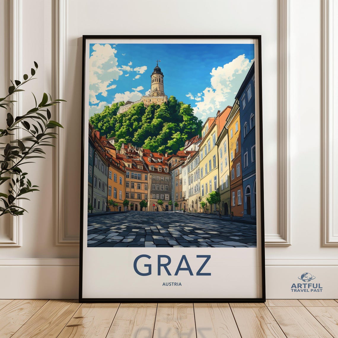 Graz Austria Old Town Cobblestone Street Clock Tower Travel Poster