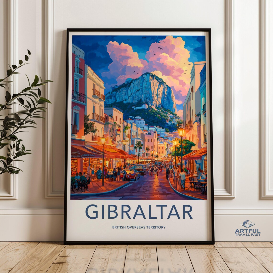 Gibraltar Cityscape Travel Poster, Scenic Illustration