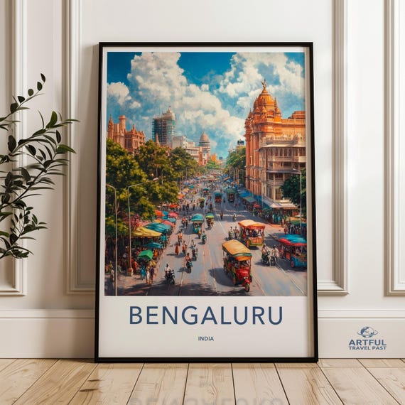 Vintage Bengaluru Cityscape Wall Art Colorful Street Scene Poster India Urban Landscape Print Retro City View Home Decor