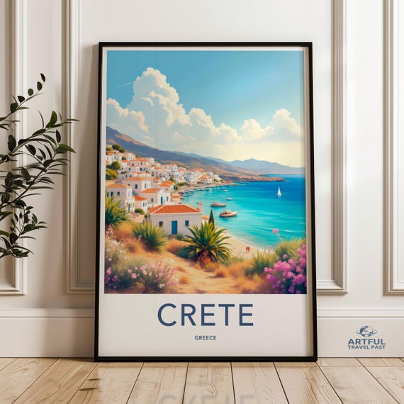 Crete Greece Travel Poster Coastal Wall Art Mediterranean Landscape Print Decor Seaside Artwork Aegean Sea Illustration