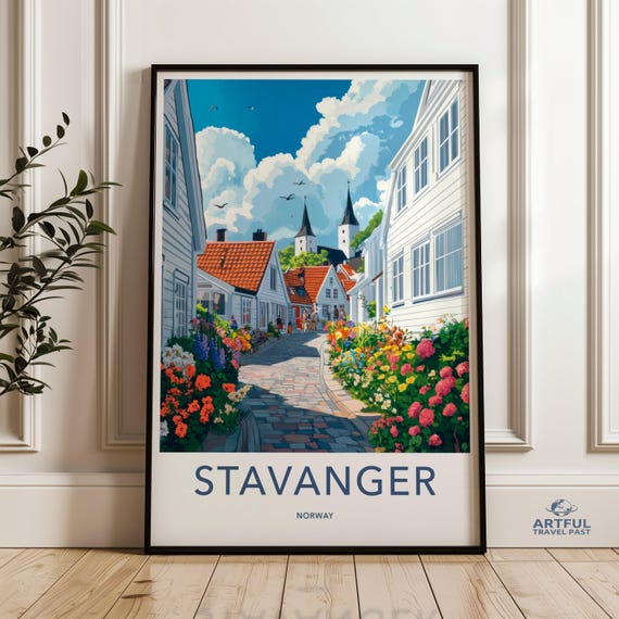 Norway Travel Poster Stavanger Wall Art Scandinavian Village Print Coastal Townscape Colorful Street Illustration Decor