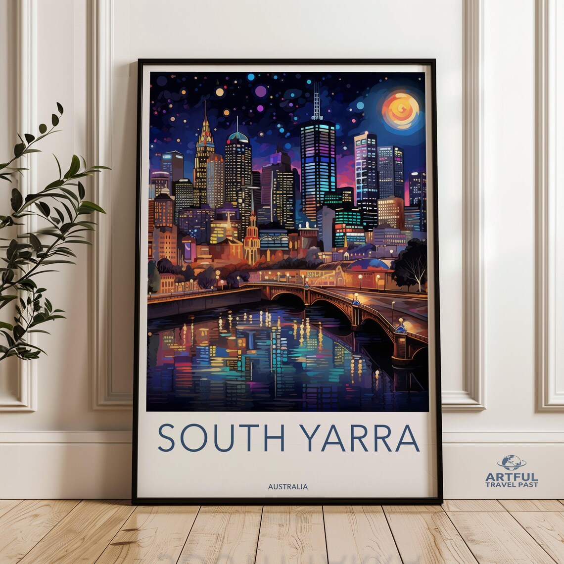 South Yarra Australia Night Skyline Bridge River Lights Travel Poster