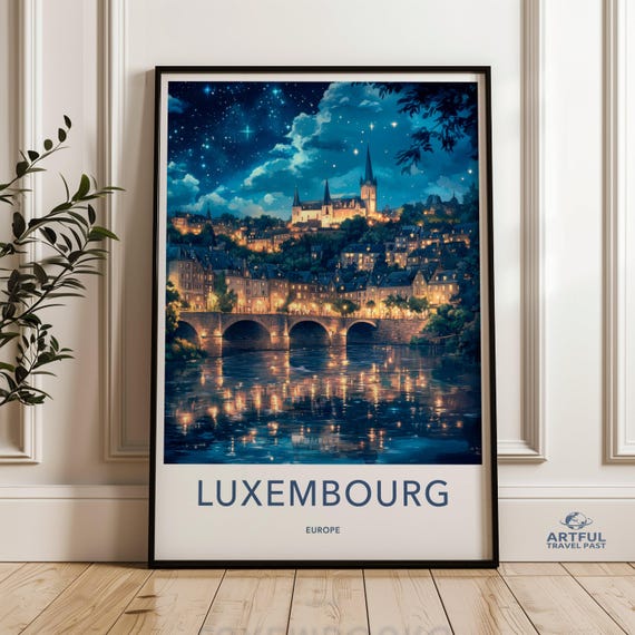 Luxembourg Cityscape Wall Art Europe Travel Poster Night Sky Stars City Lights Reflection Bridge Print Home Decor Gift