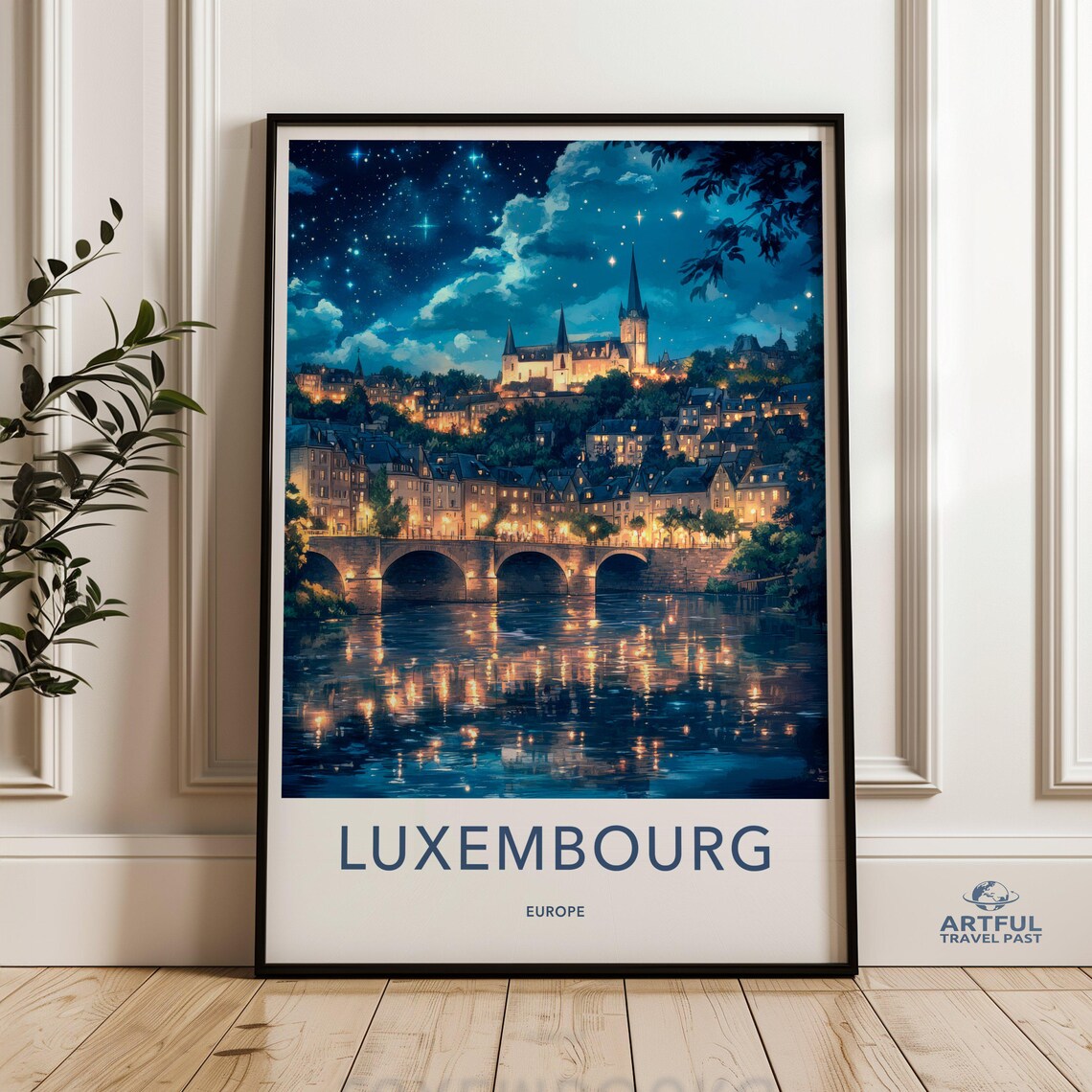 Luxembourg City Night Skyline Travel Poster Europe Landmark Wall Decor Art
