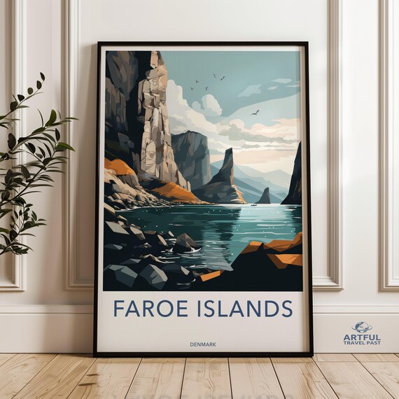 Faroe Islands Dramatic Sea Cliffs Vintage Denmark Travel Poster