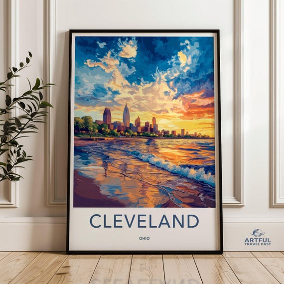 Cleveland Ohio Wall Art Cityscape Sunset Painting Travel Print Skyline Lake Erie Poster Home Decor Souvenir Gift Modern